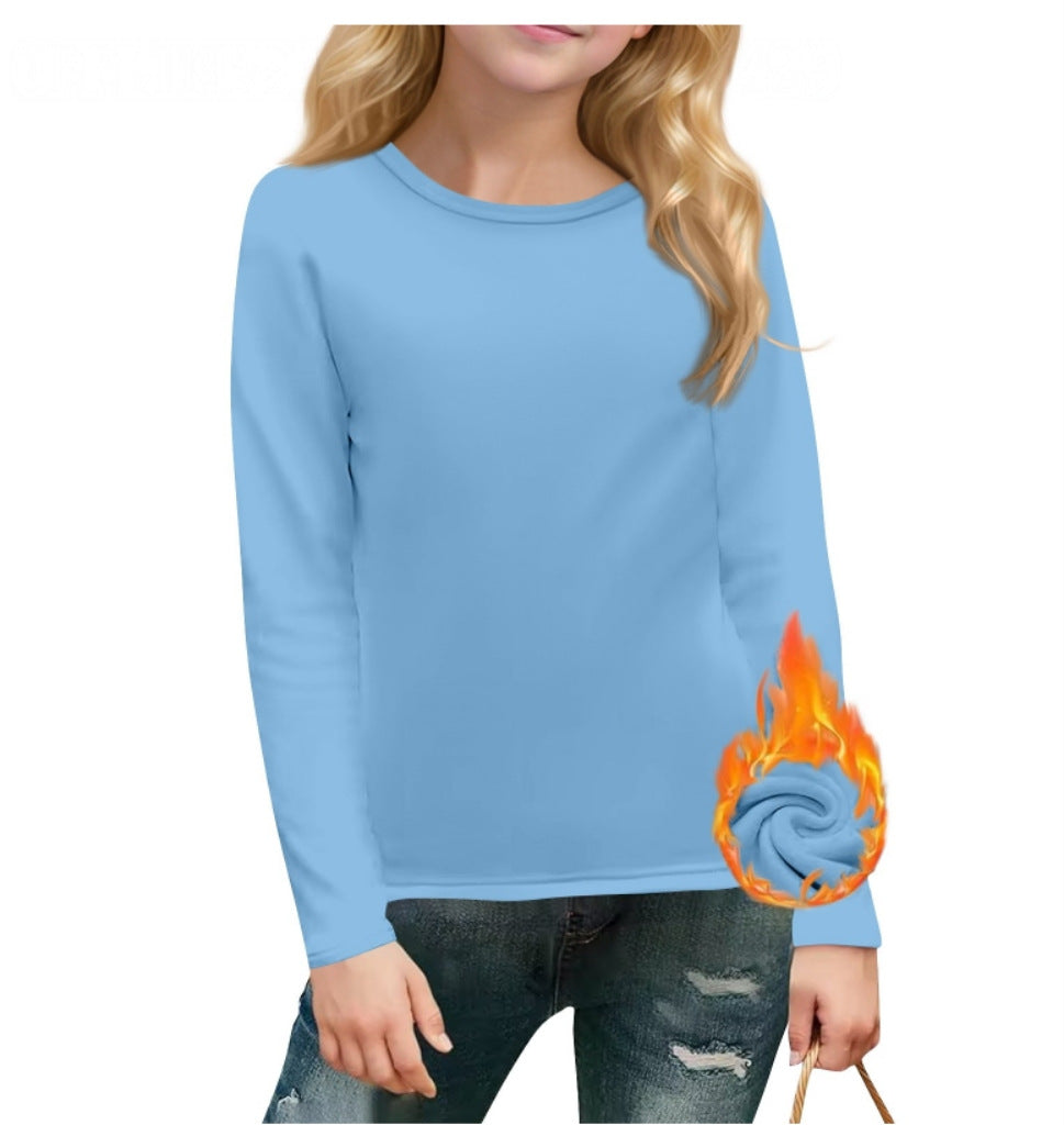 cross-border  autumn/winter new children's long-sleeve crew neck solid color everyday casual fleece-lined t-shirt top