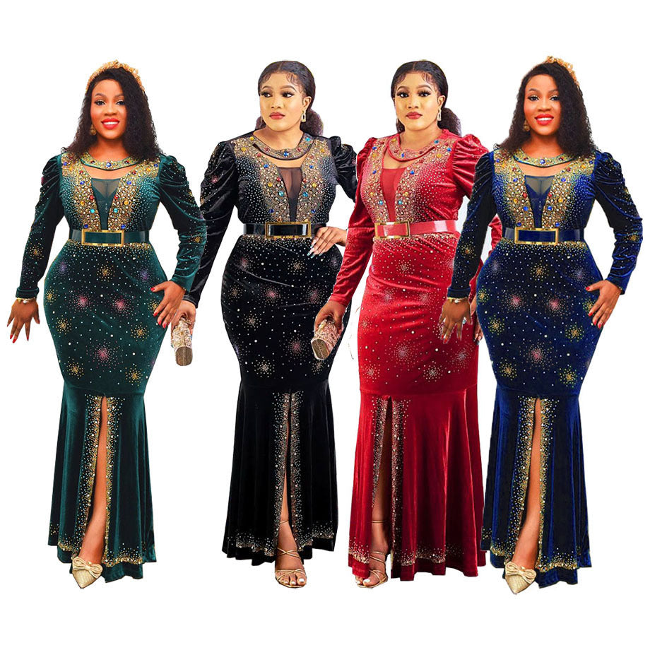 Jenny's factory direct export: gold velvet rhinestone embellished luxury slim-fit mermaid long sleeve maxi dress - african women's clothing