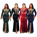 Jenny's factory direct export: gold velvet rhinestone embellished luxury slim-fit mermaid long sleeve maxi dress - african women's clothing