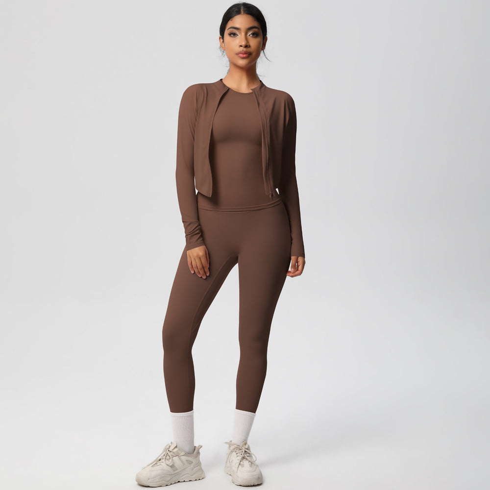 new arrival quick-dry barely-there jacket with short-sleeve yoga top set - slim-fit activewear three-piece outfit for outdoor running