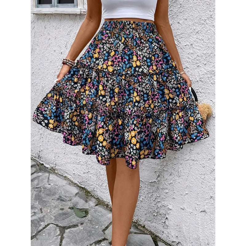 Shipped: european and american summer floral print women's bohemian ruffle hem midi skirt