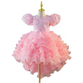 European and american style girls' bubble sleeve dress with 3d floral appliques, tiered cake skirt, and train - ready to ship