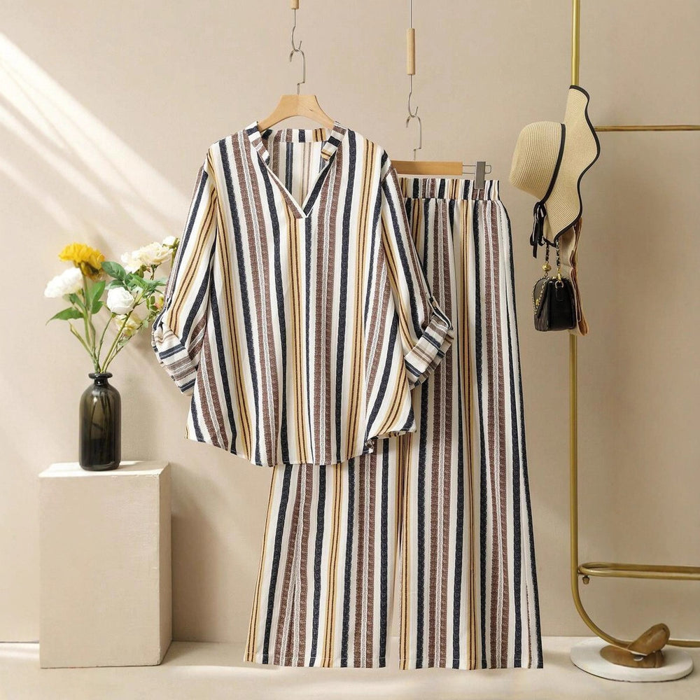 cross-border fashion: european & american style striped print v-neck set - new autumn/winter collection for  & independent e-commerce stores