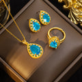 【titanium steel】new blue zircon teardrop luxury necklace and earring set, micro-paved personalized elegant stud earrings and necklace jewelry