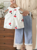new cross-border baby & toddler country style cotton-like embroidered top with lace trim and washed denim pants set