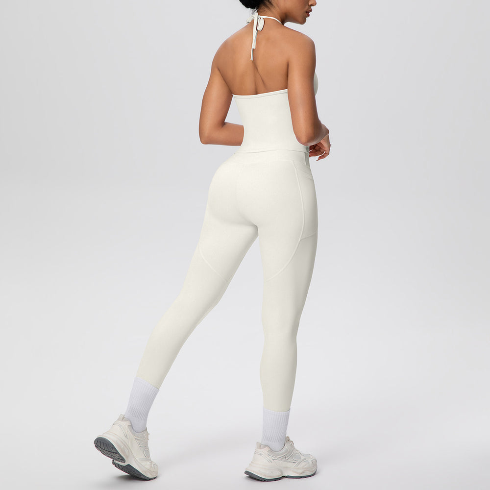 pure color brushed beautiful back tight strap halterflap pocket pants yoga suit sports running fitness two-piece set