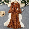 Vintage polka dot v-neck puff sleeve dress - women's summer slimming midi work dress