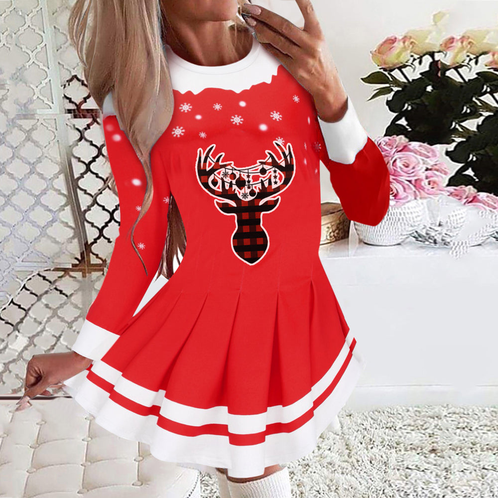 european and american cross-border women's autumn/winter new collection: round neck long sleeve pleated casual party dress