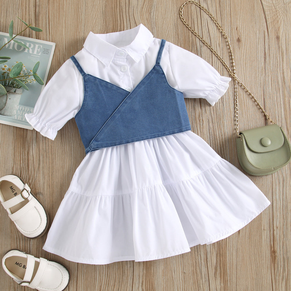 new product girl fashion style socialite pure color short-sleeved patchwork petticoat tie back denim camisole suit