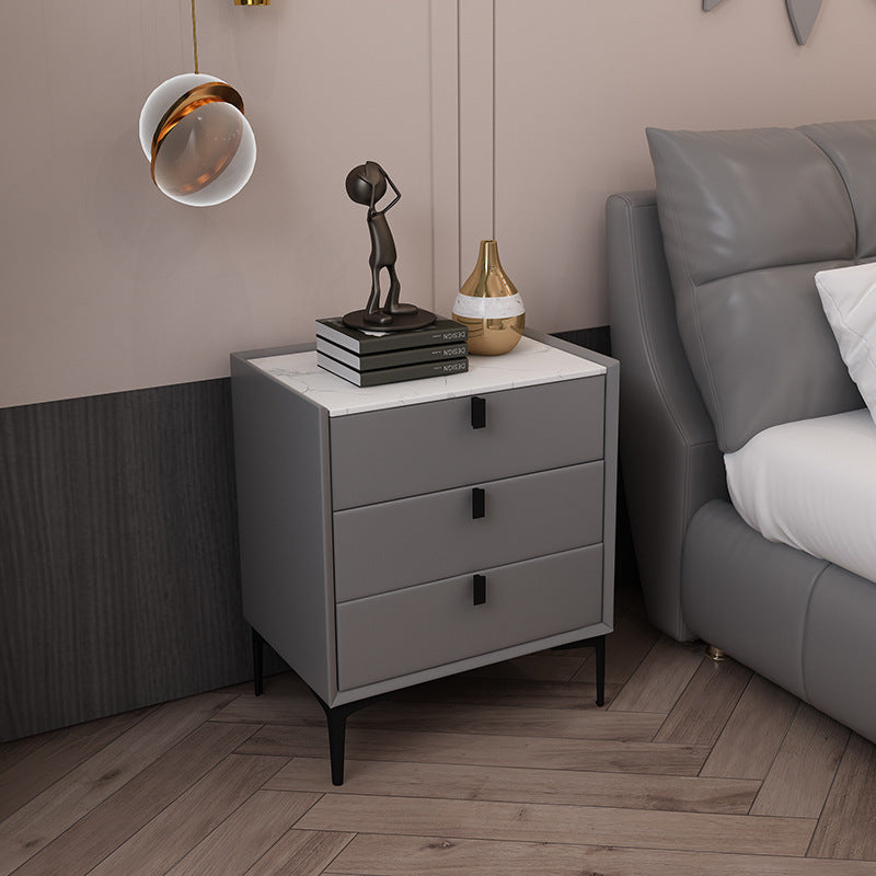 Ready-to-ship, modern, minimalist faux leather bedside table with three drawers, italian-style high-end, popular bedroom solid wood nightstand