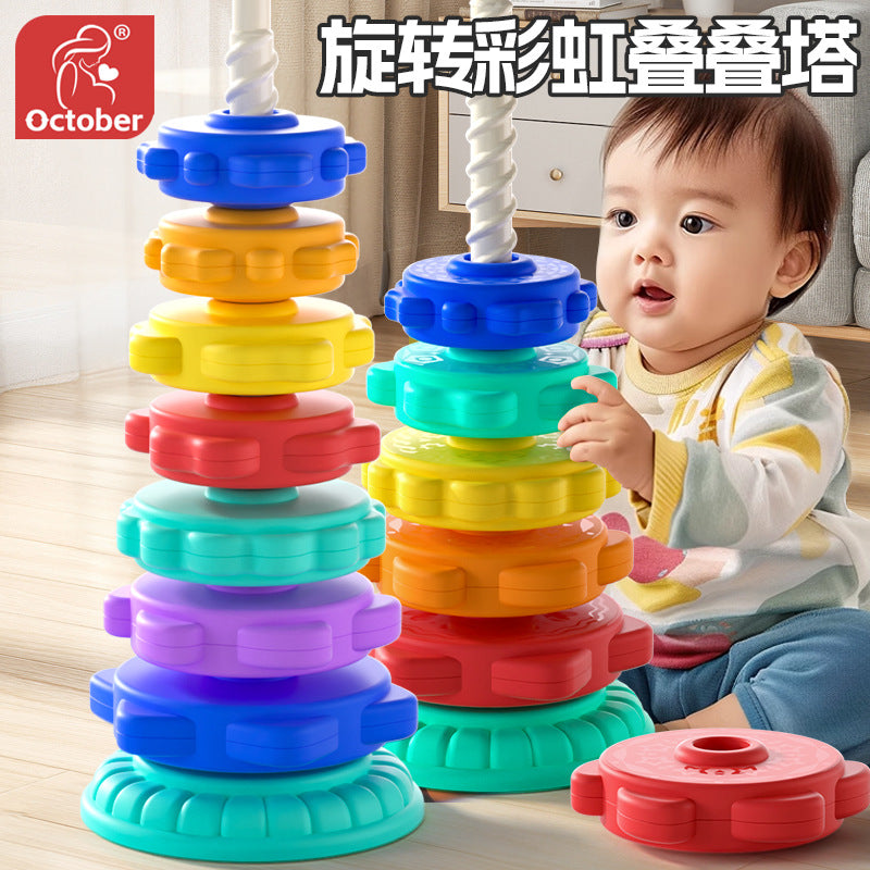 Rainbow Rotary Music Stacking Music Color Torch Ring 1 1-3 Year Old Infant Baby Rotary Tower Early Education Educational Toys