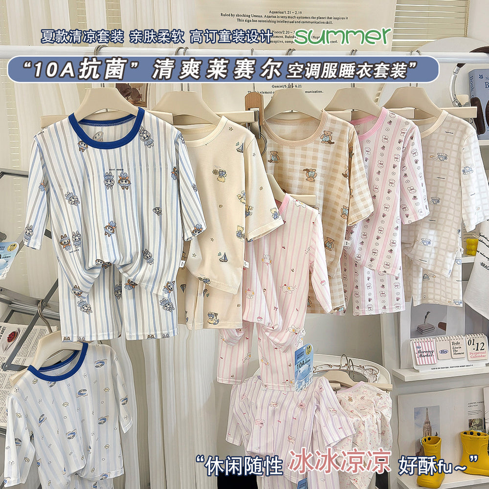 Kids' lyocell loungewear set - summer unisex 10a antibacterial three-quarter sleeve pajamas for children and teens - perfect for air conditioning