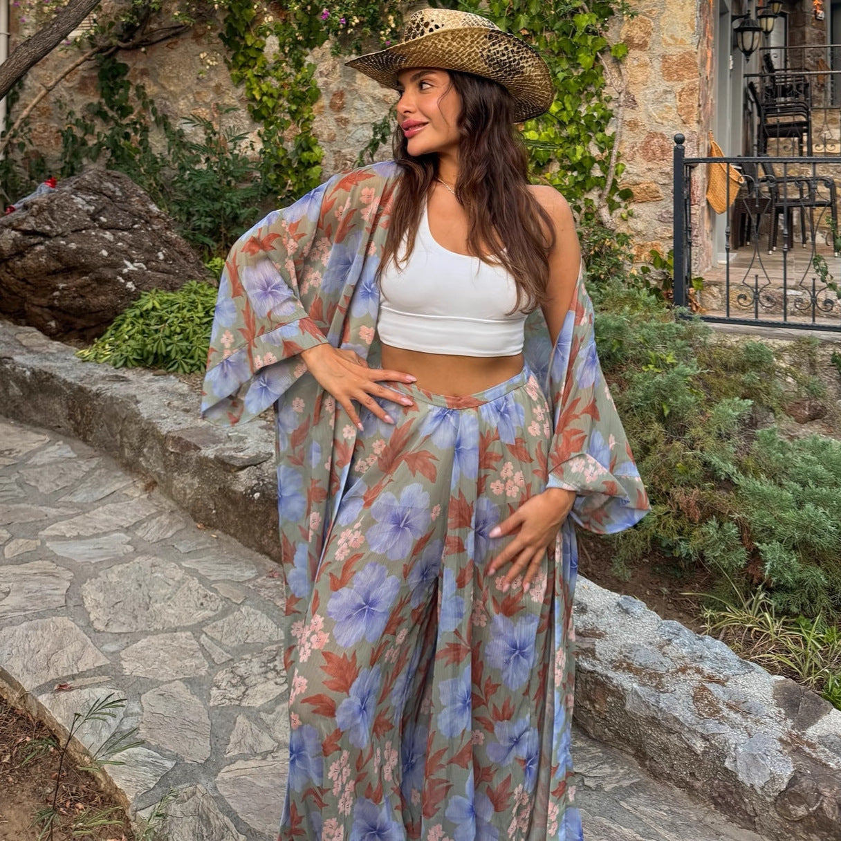 Cross-border European and American suit women's long-sleeved cardigan printed shirt wide-leg trousers  new holiday style two-piece set women