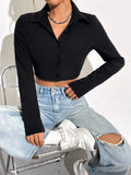 92200#  cross-border women's fashion: european & american ins style, versatile casual loose-fit solid color cropped shirt