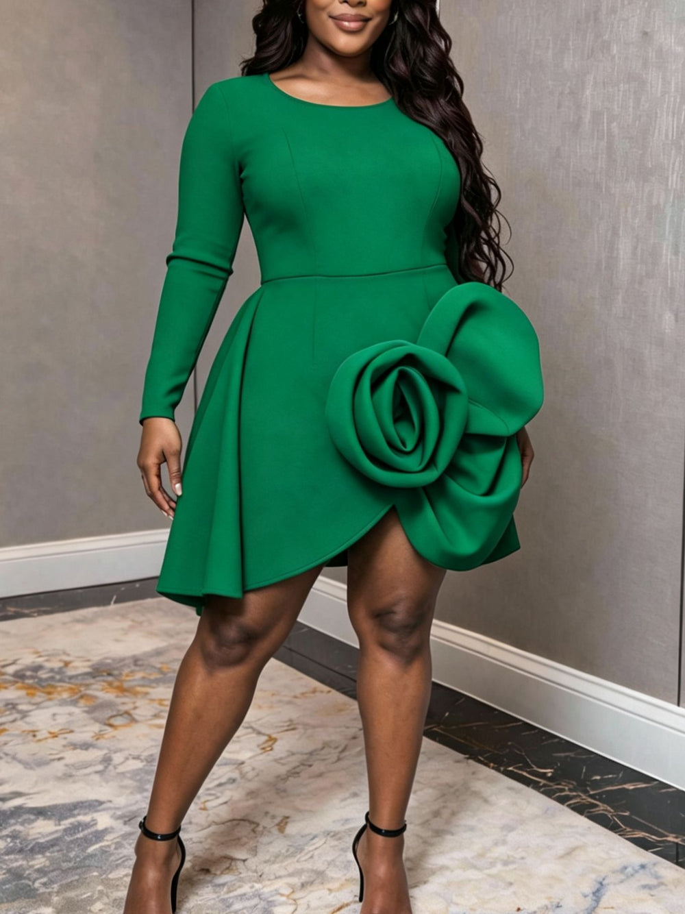 Autumn new arrival: solid color crew neck long sleeve dress - premium ruffle trim, 3d floral appliqué, asymmetrical hem dress
