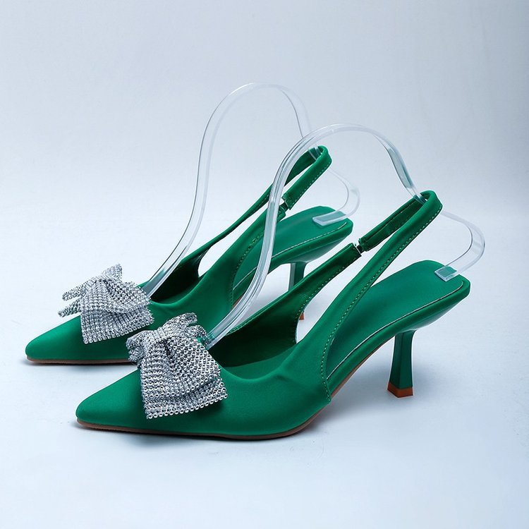 French pointed toe back strap bow rhinestone elastic band high heel sandals women women heels sandals