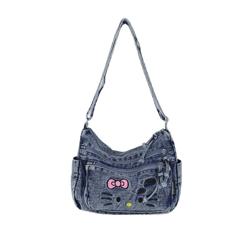 2025 new fashion versatile denim bag women's shoulder crossbody bag hello kitty casual travel canvas bag