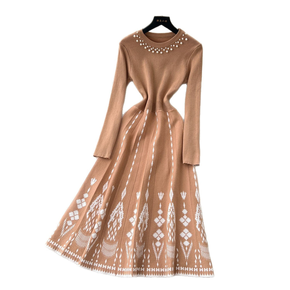 Classy lady heavy industry beading round neck long sleevesdress women  fall and winter waist inner sweater skirt long skirt
