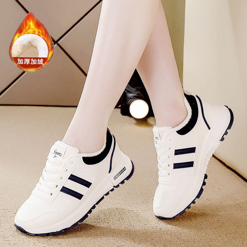 Women's athletic sneakers - cotton-lined, leather upper, fleece-lined for extra warmth - new autumn 2025 collection - chunky sole, non-slip, lightweight casual shoes - women's cotton shoes