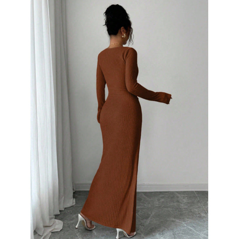 spring/summer new women's slim-fit bodycon fashionable slimming slit square neck long sleeve knitted dress