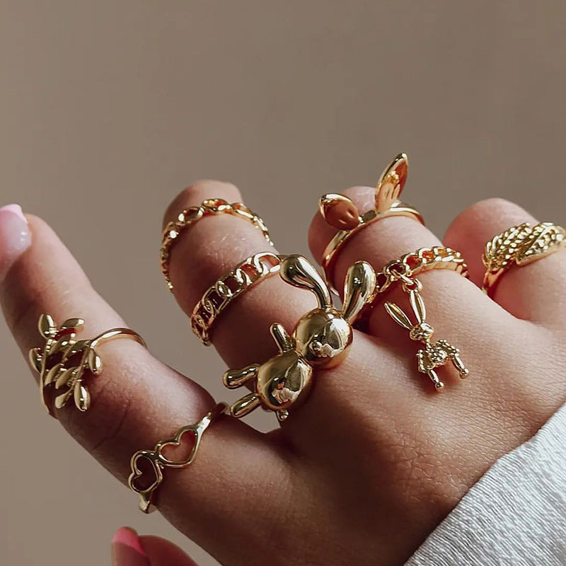 Korean ins ring wholesale cross-border geometric stacking jewelry cute niche high-end heart rabbit ring for women