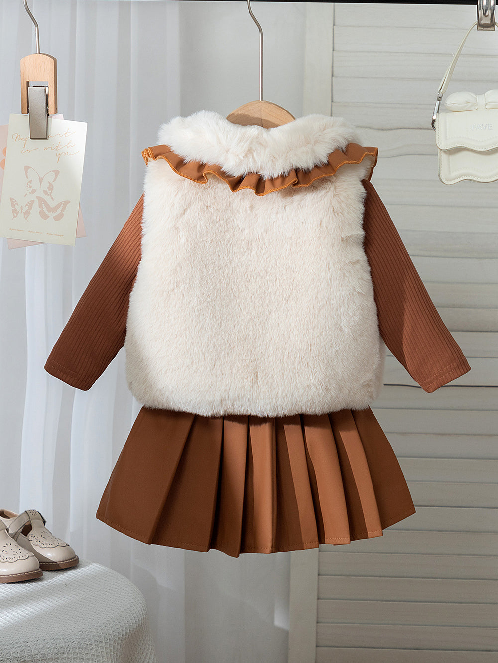 fall/winter cross-border fashion: european & american style girls' fuzzy vest + knitted top + pleated mini skirt three-piece set