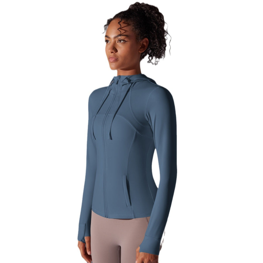 New double-sided nylon solid color zipper pocket hooded sports jacket running fitness yoga long sleeve outerwear for women