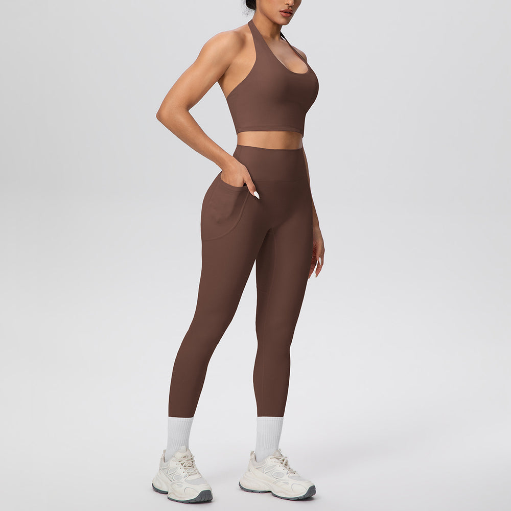 New halter neck backless high-waisted butt-lifting pocket pants activewear set - cloud-like comfort for casual outdoor running, fitness, and yoga