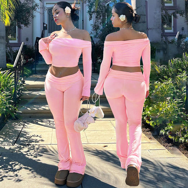 TW588 Sweet and Spicy Style Shoulder Top Trumpet Pants Two-piece Set European and American Women's Clothing Supply Fashion Casual Suit