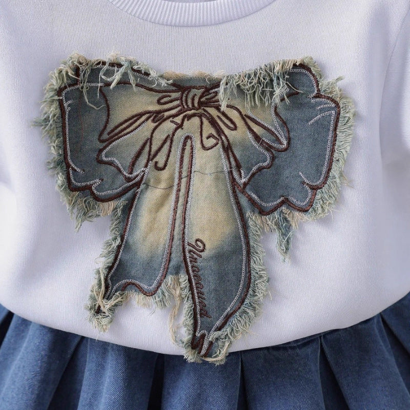 cross-border new arrival: girls' spring/autumn denim bowknot sweatshirt + heavy-duty washed denim skirt two-piece set