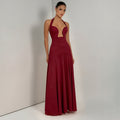 Amazon summer  new women's elegant solid color halter neck low-cut sexy patchwork backless evening dress