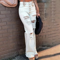 Fashion style white big hole micro-flared jeans women's high waist buttoned elastic slimming look hot girl high street style horn
