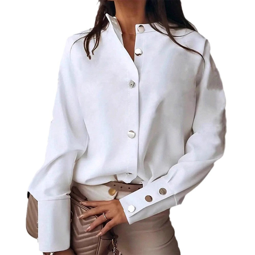 fashion women's clothing  autumn  solid color stand collar long sleeve shirt casual top