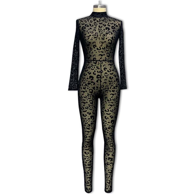 new arrival women's clothing fashion style jumpsuit silmlong sleevessexy flocking see-through slimming look jumpsuit