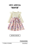 Girls' fall knit dress: floral patchwork, round neck, flutter sleeves, and belted design - cute kids' dress for export
