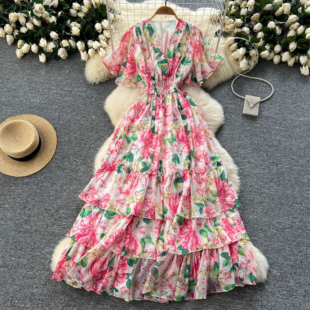 Frenchretrov neckruffle sleeve pleated floral dress women's summerhigh waistslimming look drape chiffon long skirt