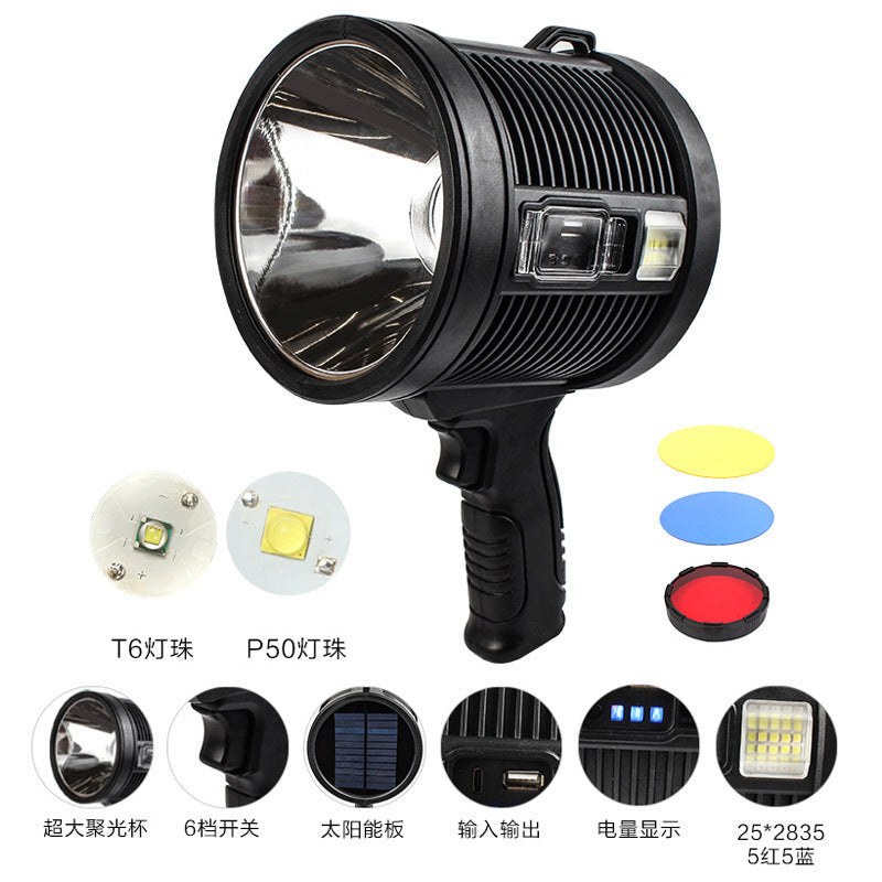 Cross-border new P70 strong light searchlight Type-C rechargeable solar with side light red and blue flash LED portable light
