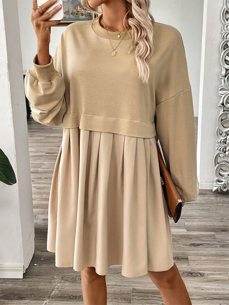 fashion  fall and winter women's pure colorlong sleevespatchworksweatshirtdresselegantwork clothing