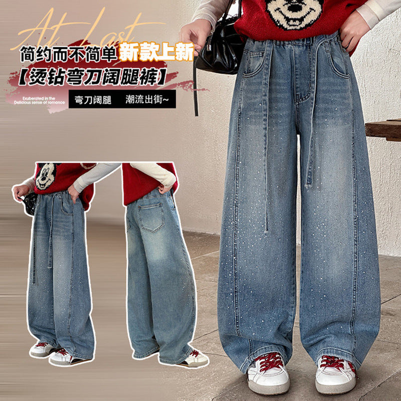 Girls' jeans, wide-leg pants, and straight-leg trousers for older girls - spring/autumn  new styles - hot rhinestone trendy designs for middle school girls