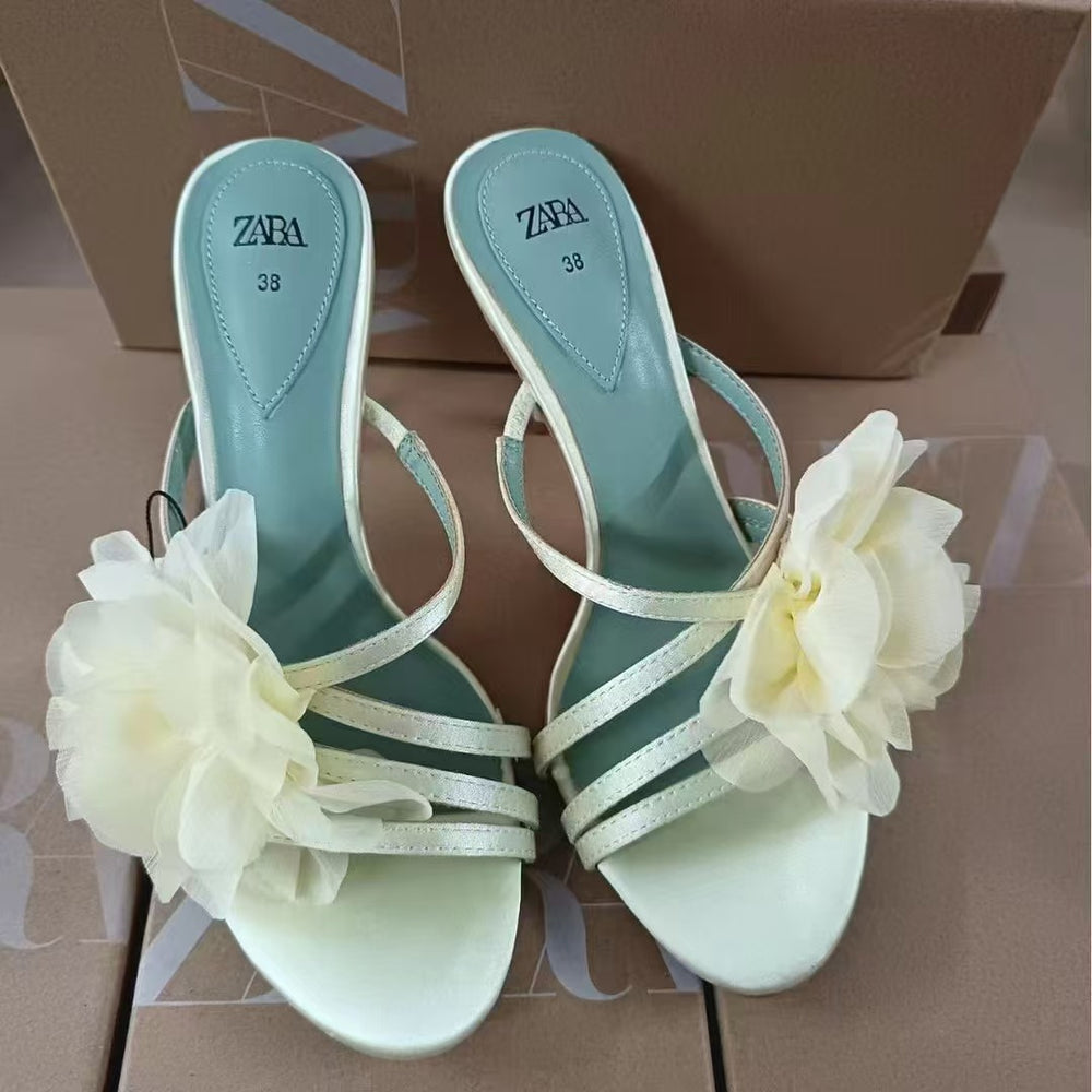 Za2024 summer new women's shoes floral decorated thin strap high heel sandals casual versatile fashion sandals for women