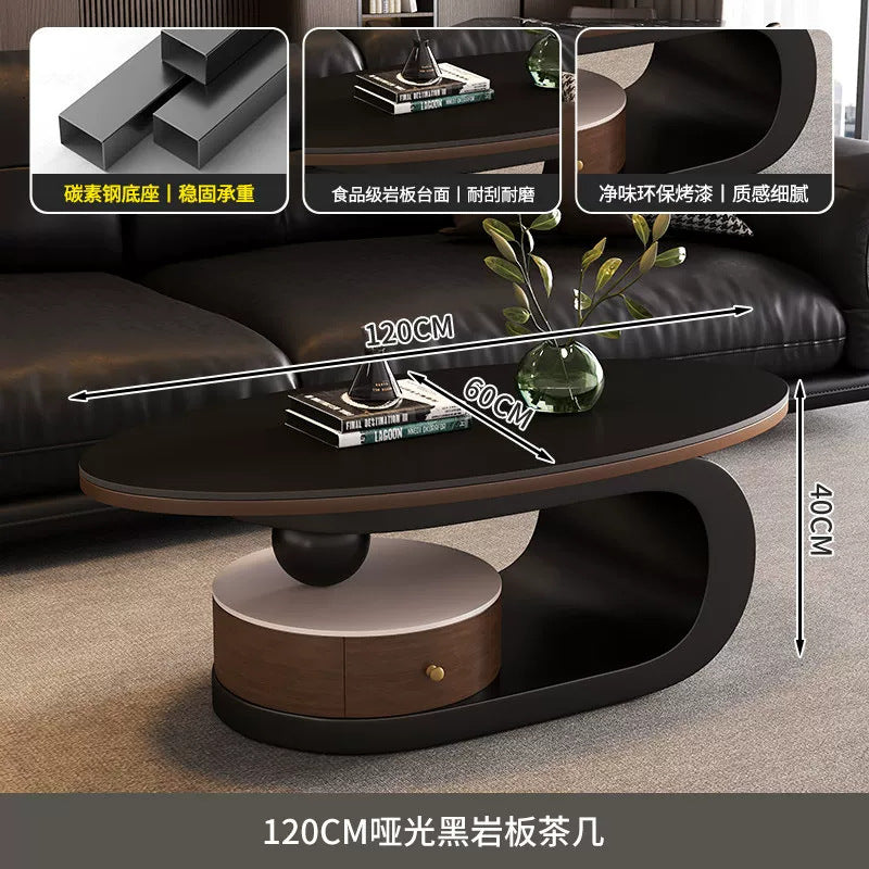 Wabi-sabi style coffee table, oval rock slab combination, small apartment home living room, retro high-end storage design tea table