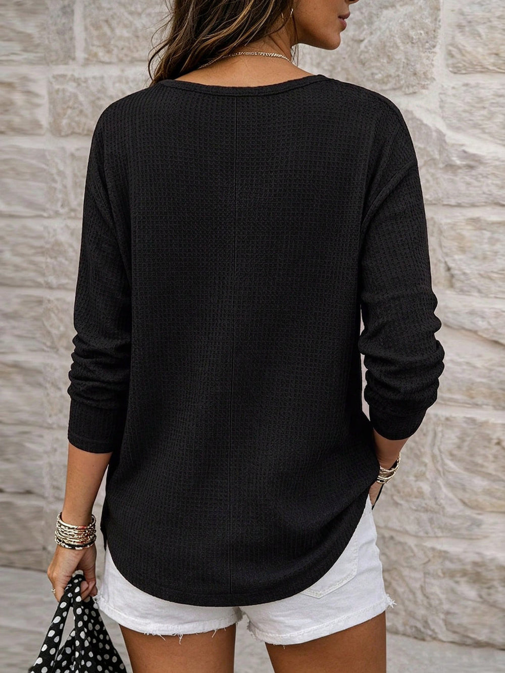 European and american style slim-fit solid color base layer top - deep v neck, half-open placket design, commute & casual long sleeve blouse
