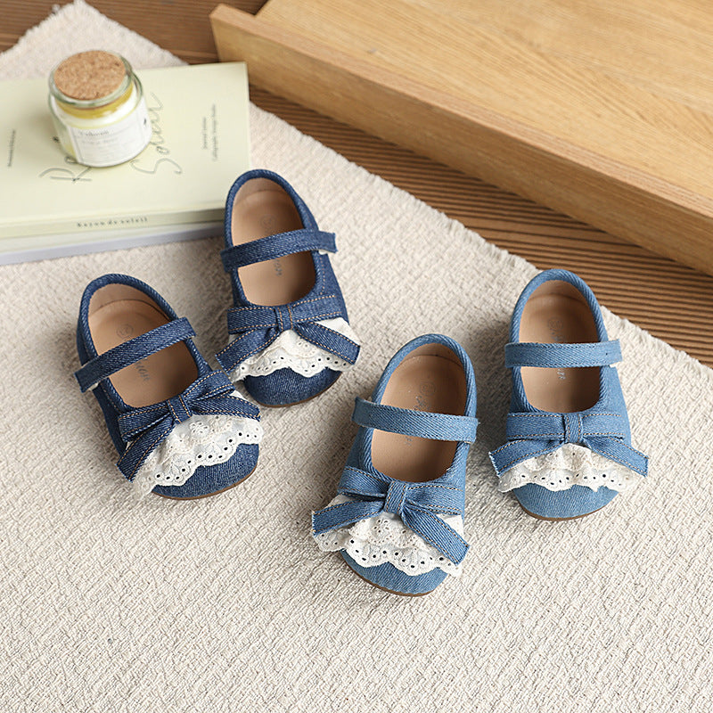 Girls' korean style leather shoes - new spring/autumn collection - bow accent, fashionable princess shoes for toddlers and young children, velcro closure, loafers