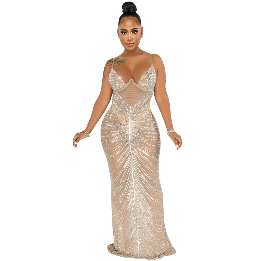 X5618   fashion new hot diamond sexy suspender chest wrap mesh see-through long skirt dress