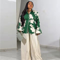 European and american style women's clothing  autumn new collection: sweet and fresh printed turn-down collar lantern sleeve blouse with high-waisted straight-leg pants two-piece set