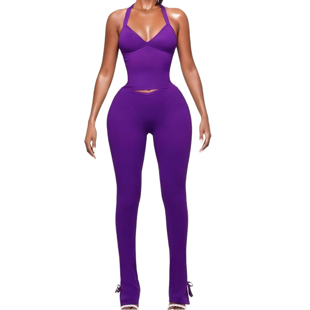 European and american cross-border women's fashion:  autumn new arrival - solid color sleeveless halter neck sexy top & leggings casual set