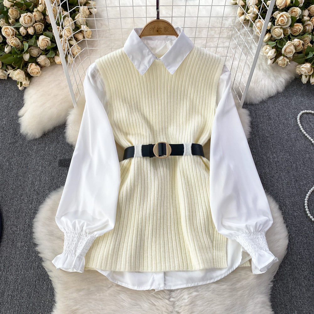 Autumn/winter korean chic socialite style lantern sleeve loose mid-length white shirt knitted vest two-piece set