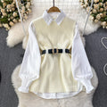 Autumn/winter korean chic socialite style lantern sleeve loose mid-length white shirt knitted vest two-piece set