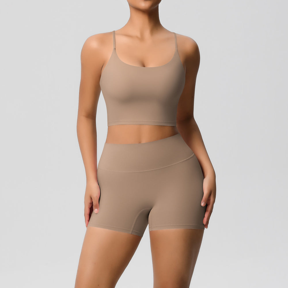 New arrival: cross-border brushed solid color racerback compression breathable yoga set - women's activewear running & fitness shorts set