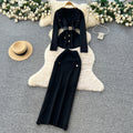 French chic high-end women's autumn set: tie-waist knit top with metal buckle & high-waisted bodycon midi skirt